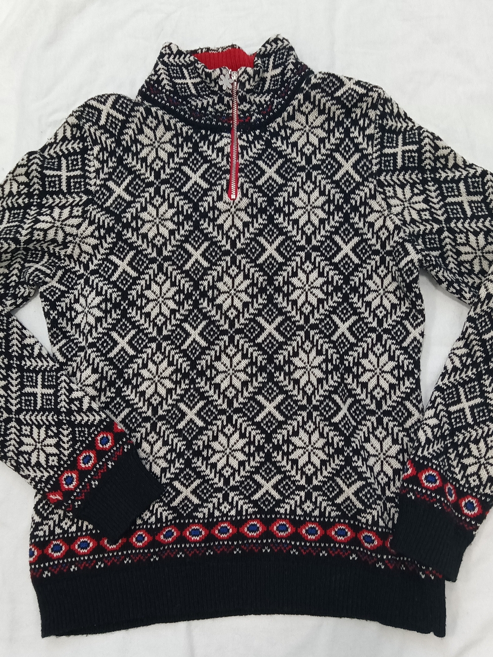Cambridge Dry Goods Black White Red Fair Isle Nordic Quarter Zip Sweater Medium